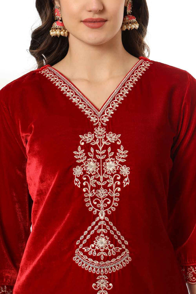 Red Solid Embroidered Velvet Kurti Pant Set (6230SKDMR)