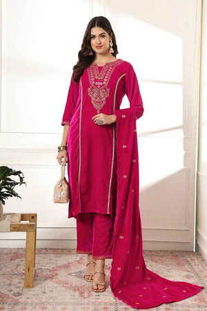 Pink Solid Embroidered Velvet Kurti Pant Set (6231SKDPK)
