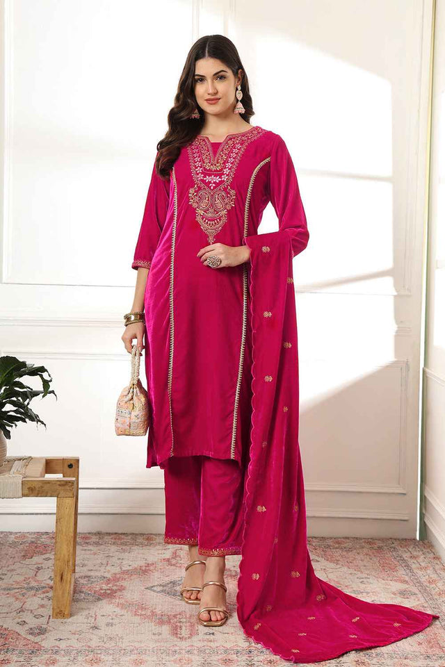 Pink Solid Embroidered Velvet Kurti Pant Set (6231SKDPK)