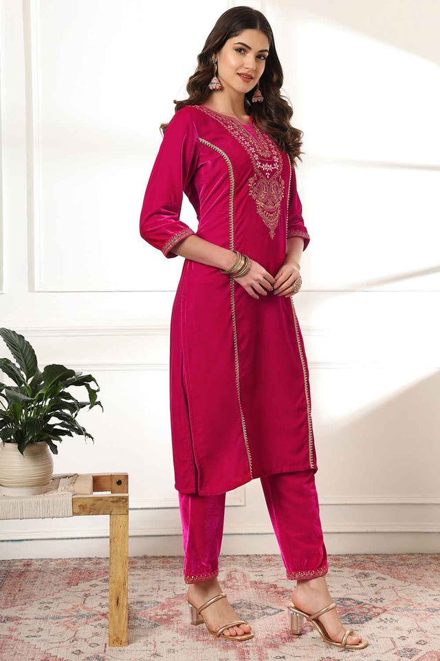 Pink Solid Embroidered Velvet Kurti Pant Set (6231SKDPK)