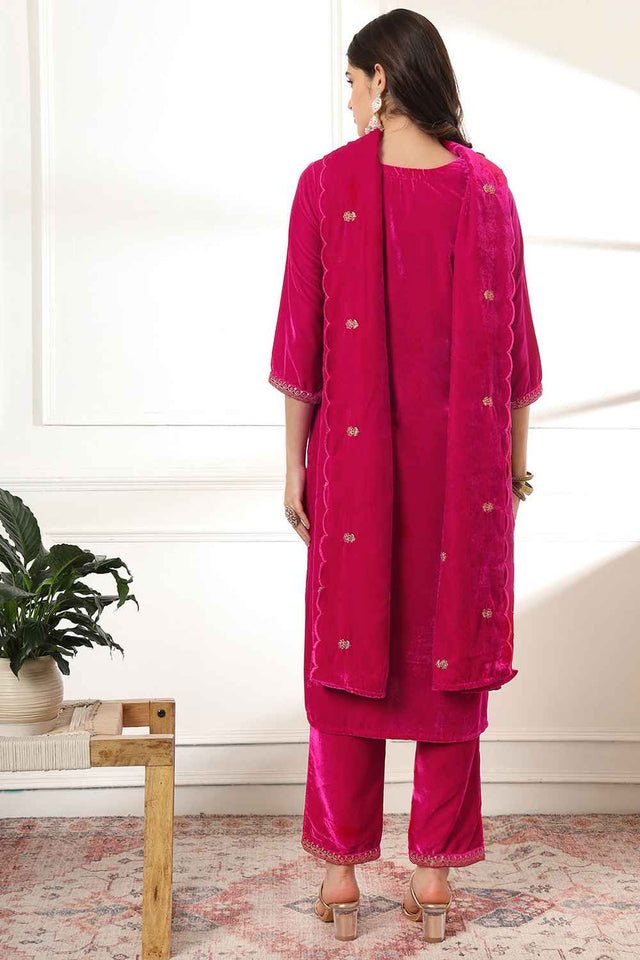 Pink Solid Embroidered Velvet Kurti Pant Set (6231SKDPK)