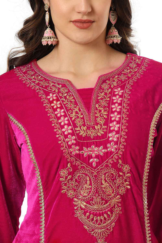 Pink Solid Embroidered Velvet Kurti Pant Set (6231SKDPK)