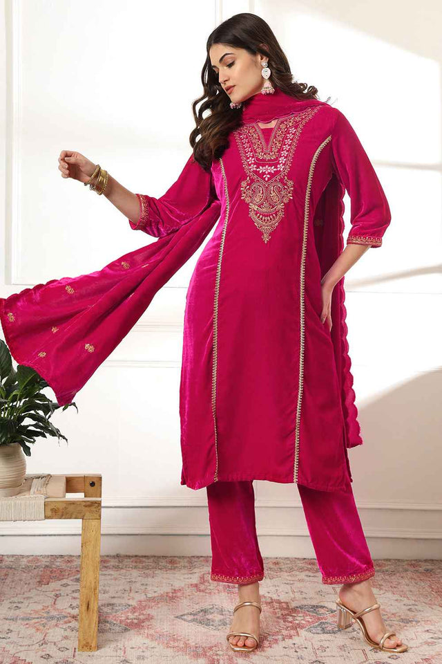 Pink Solid Embroidered Velvet Kurti Pant Set (6231SKDPK)