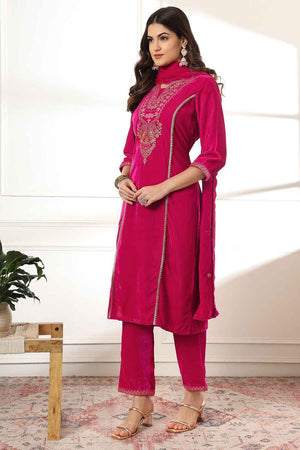 Pink Solid Embroidered Velvet Kurti Pant Set (6231SKDPK)
