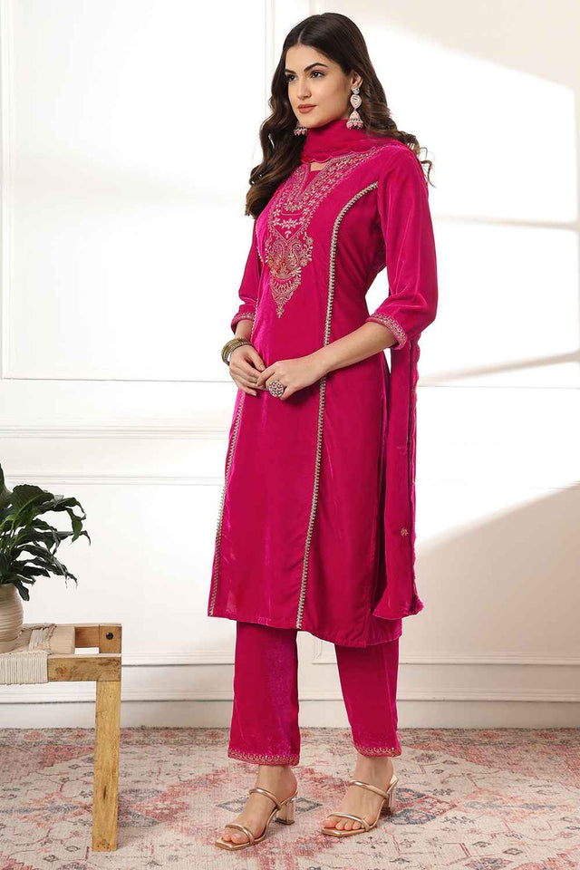 Pink Solid Embroidered Velvet Kurti Pant Set (6231SKDPK)