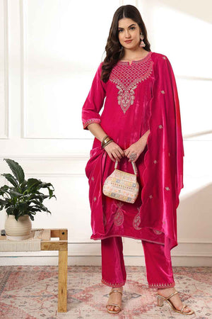 Pink Solid Embroidered Velvet Kurti Pant Set (6232SKDPK)