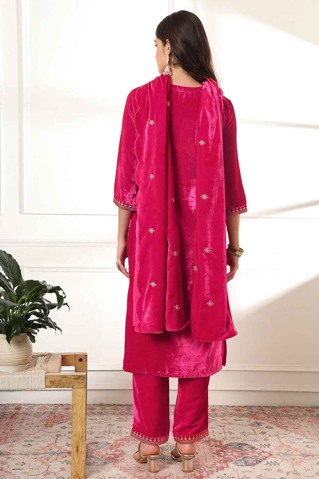 Pink Solid Embroidered Velvet Kurti Pant Set (6232SKDPK)