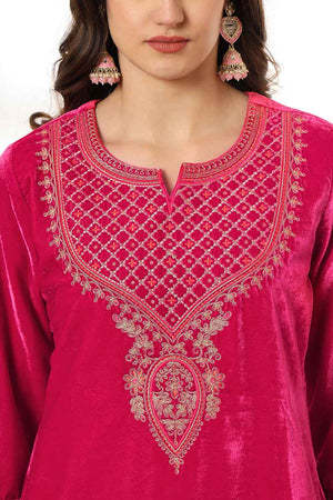 Pink Solid Embroidered Velvet Kurti Pant Set (6232SKDPK)