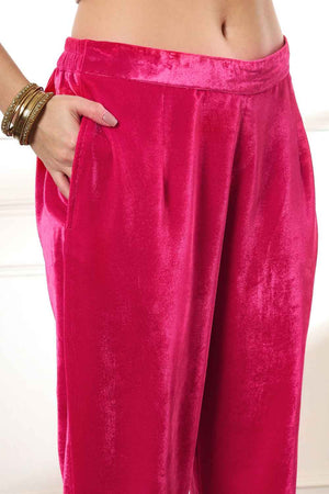 Pink Solid Embroidered Velvet Kurti Pant Set (6232SKDPK)