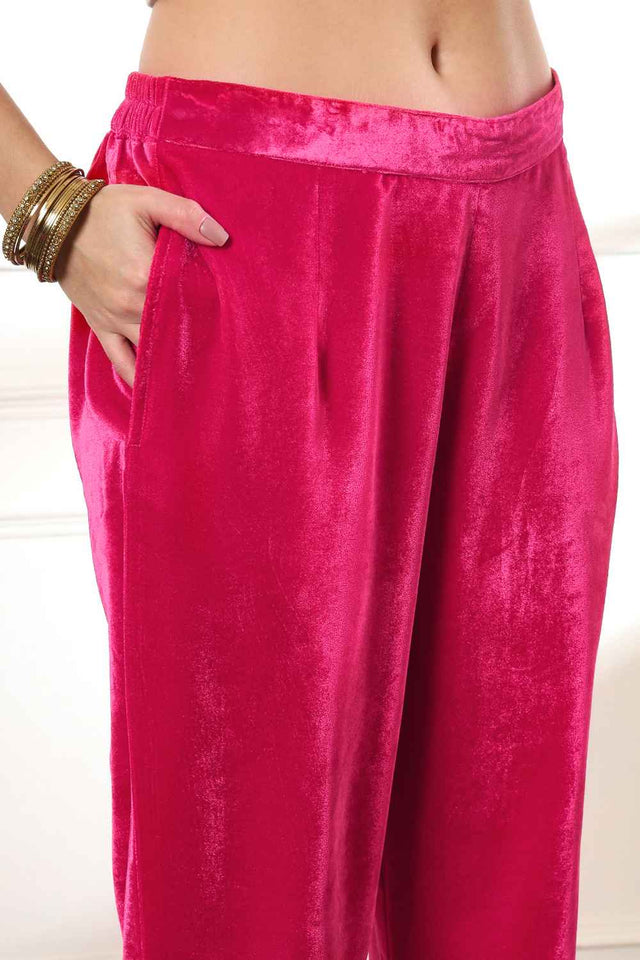 Pink Solid Embroidered Velvet Kurti Pant Set (6232SKDPK)