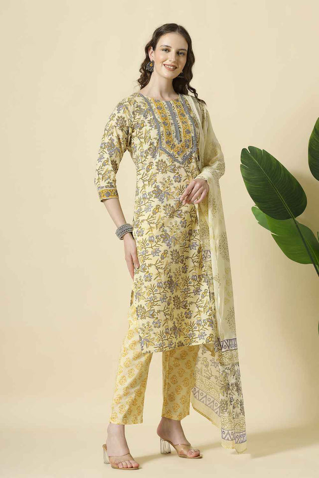 Yellow Floral Printed Cotton Kurti Pant Set