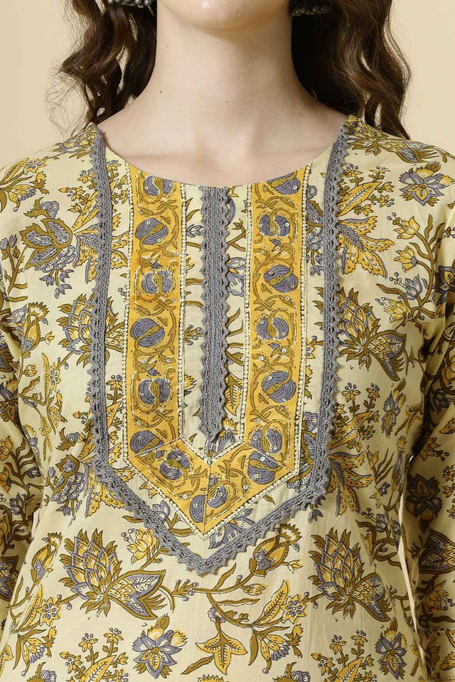 Yellow Floral Printed Cotton Kurti Pant Set