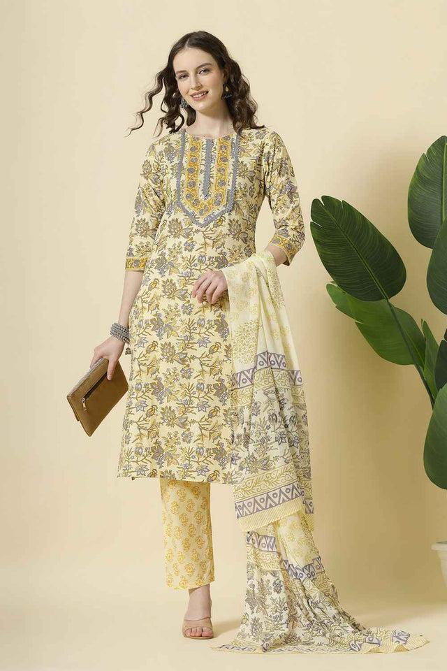 Yellow Floral Printed Cotton Kurti Pant Set