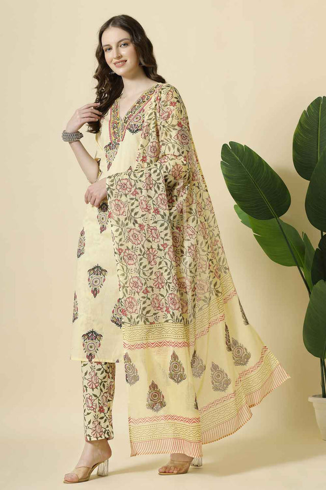 Yellow Floral Printed Cotton Kurti Pant Set