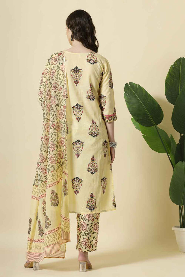 Yellow Floral Printed Cotton Kurti Pant Set