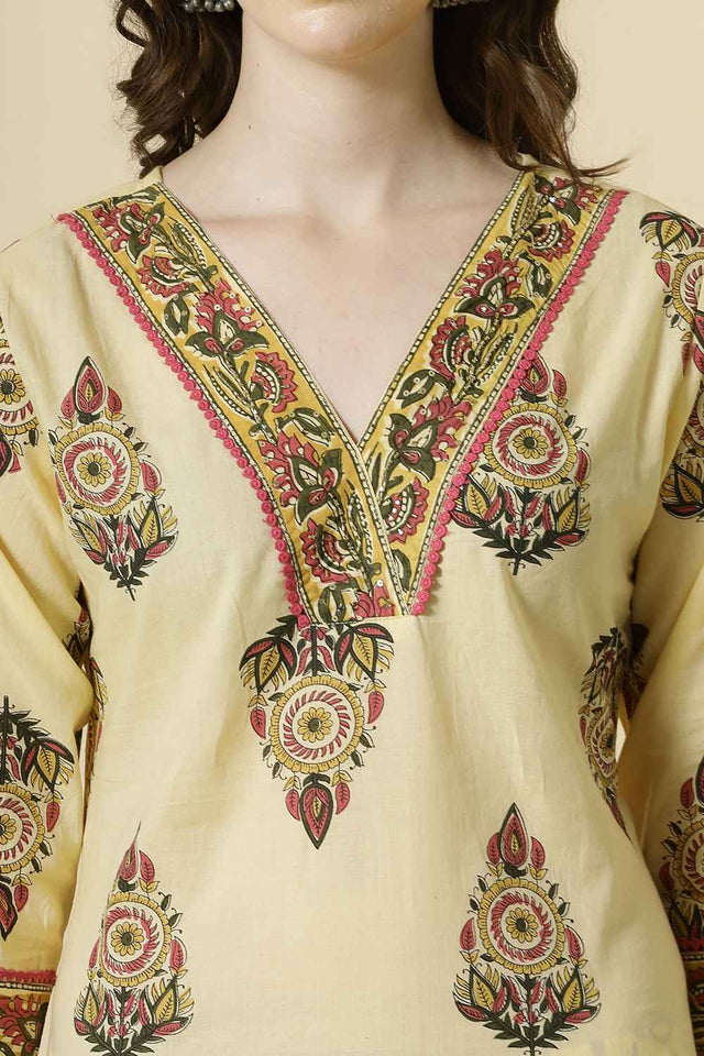 Yellow Floral Printed Cotton Kurti Pant Set