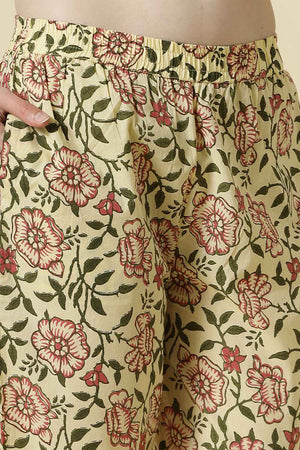 Yellow Floral Printed Cotton Kurti Pant Set