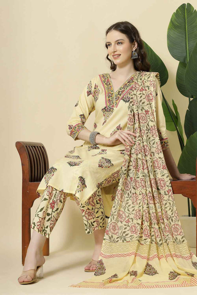 Yellow Floral Printed Cotton Kurti Pant Set