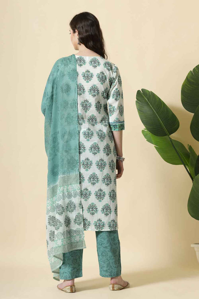 Green Floral Printed Cotton Kurti Pant Set