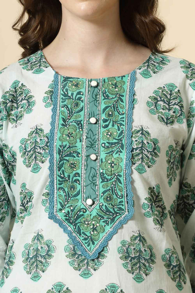 Green Floral Printed Cotton Kurti Pant Set