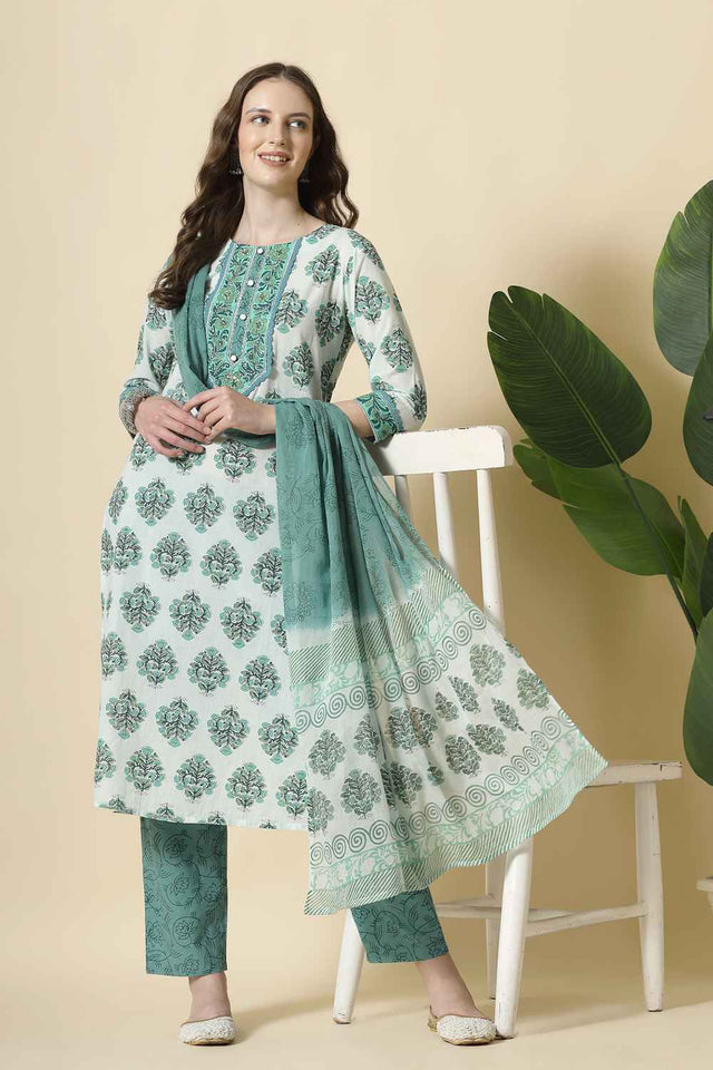 Green Floral Printed Cotton Kurti Pant Set