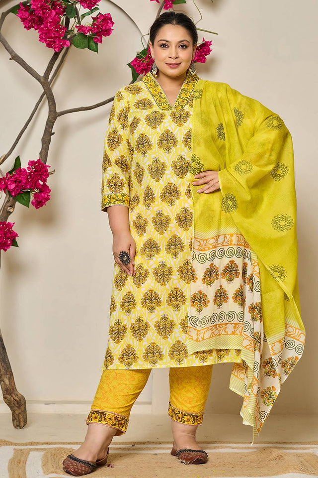 Yellow Floral Printed Cotton Straight Cut Suit Set
