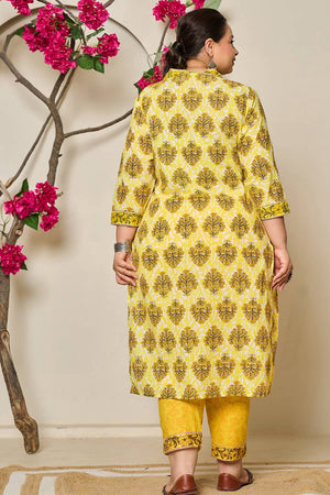 Yellow Floral Printed Cotton Straight Cut Suit Set