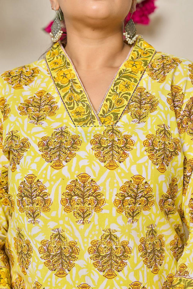 Yellow Floral Printed Cotton Straight Cut Suit Set