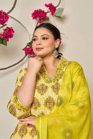 Yellow Floral Printed Cotton Straight Cut Suit Set