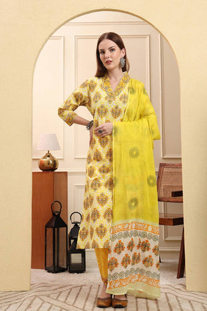 Yellow Floral Printed Cotton Straight Cut Suit Set