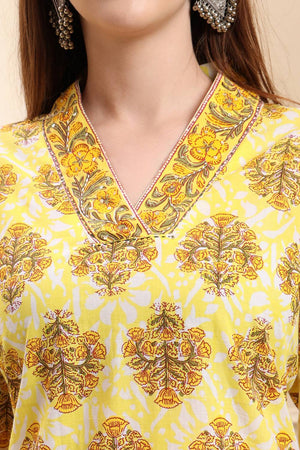 Yellow Floral Printed Cotton Straight Cut Suit Set