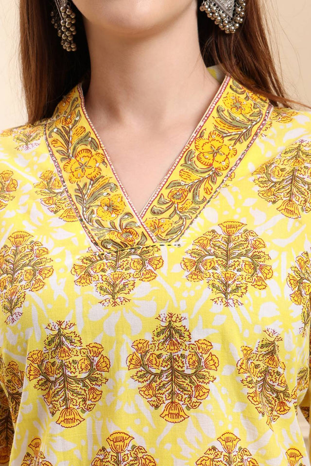 Yellow Floral Printed Cotton Straight Cut Suit Set