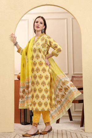 Yellow Floral Printed Cotton Straight Cut Suit Set