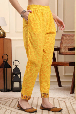 Yellow Floral Printed Cotton Straight Cut Suit Set