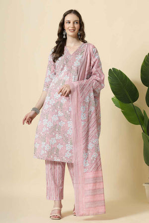 Pink Floral Printed Cotton Kurti Pant Set