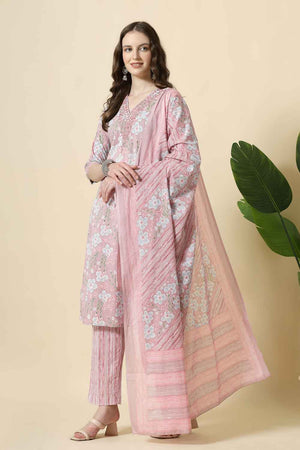 Pink Floral Printed Cotton Kurti Pant Set