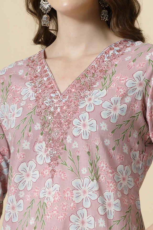 Pink Floral Printed Cotton Kurti Pant Set