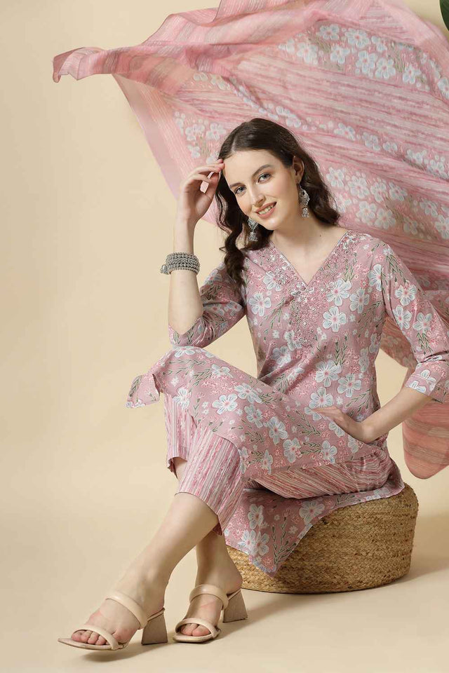 Pink Floral Printed Cotton Kurti Pant Set