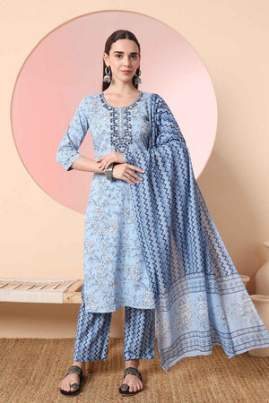 Blue Floral Printed Cotton Kurti Pant Set
