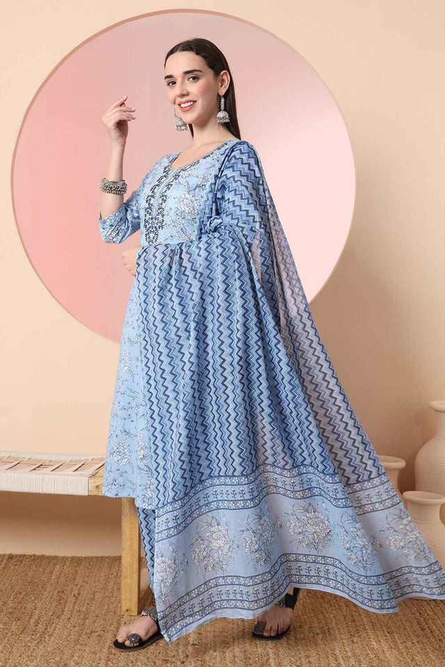 Blue Floral Printed Cotton Kurti Pant Set