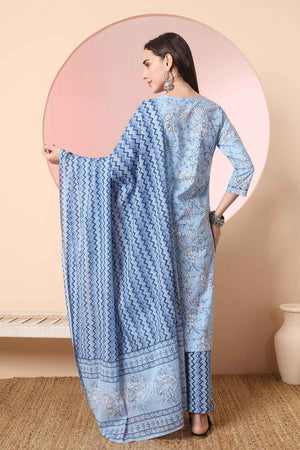 Blue Floral Printed Cotton Kurti Pant Set