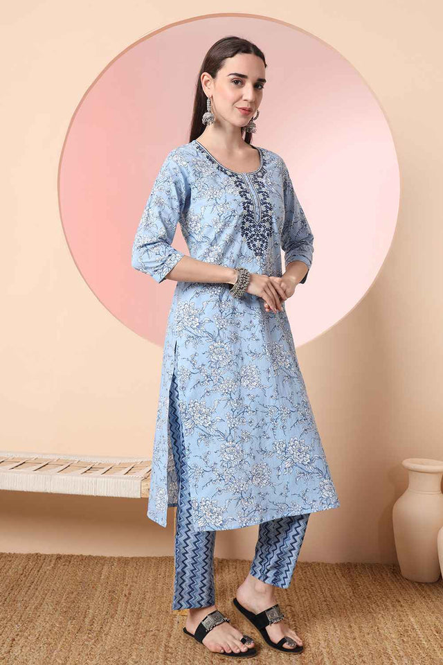 Blue Floral Printed Cotton Kurti Pant Set