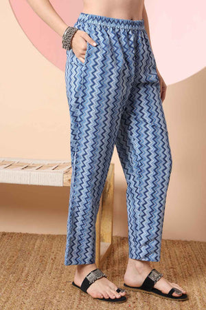 Blue Floral Printed Cotton Kurti Pant Set