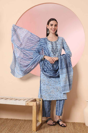 Blue Floral Printed Cotton Kurti Pant Set