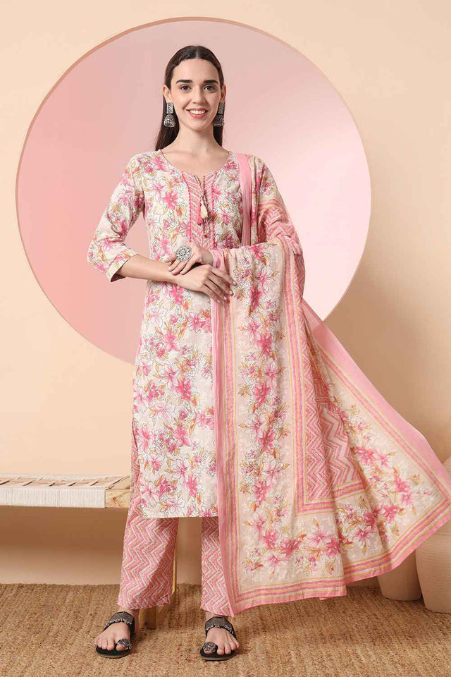 Beige Floral Printed Cotton Kurti Pant Set