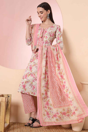 Beige Floral Printed Cotton Kurti Pant Set