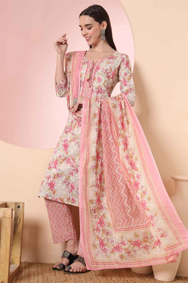 Beige Floral Printed Cotton Kurti Pant Set