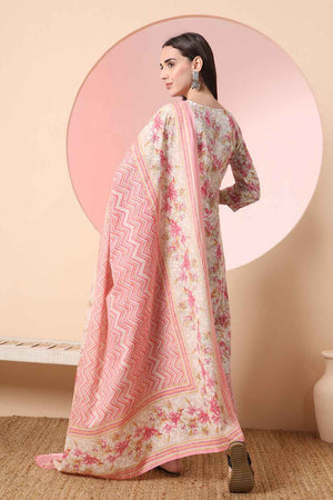 Beige Floral Printed Cotton Kurti Pant Set