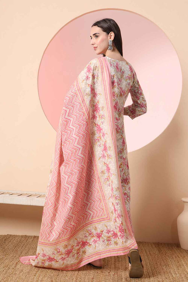 Beige Floral Printed Cotton Kurti Pant Set