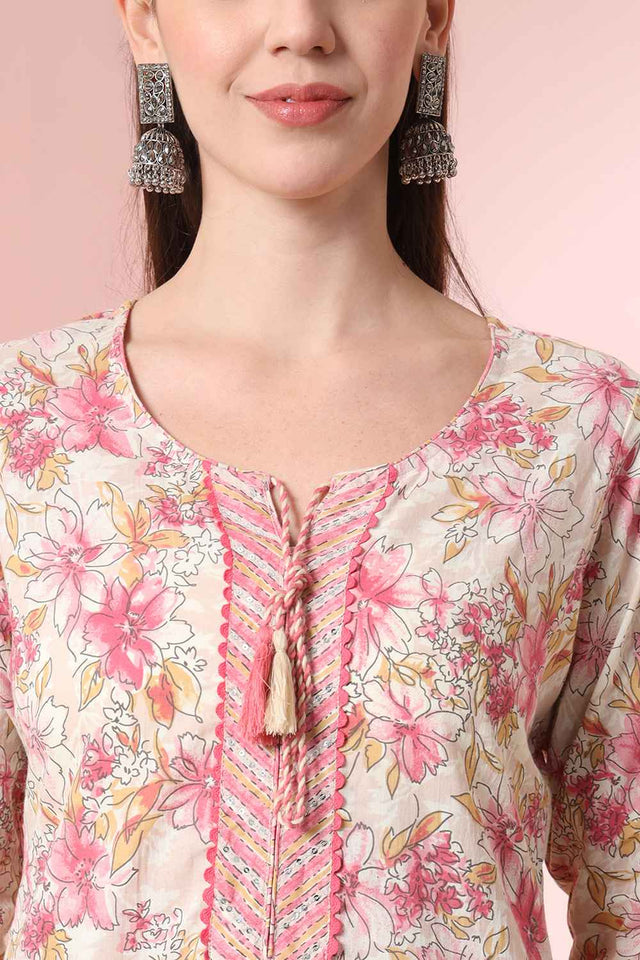 Beige Floral Printed Cotton Kurti Pant Set